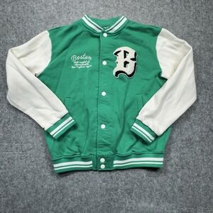 H&M Boston MA Varsity Baseball Snap Jacket Green and White Boys 12/14